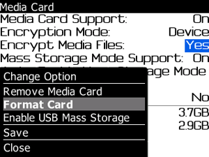 screen shot of BlackBerry Media Card screen with Format Card option