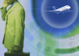graphic of business man on cell phone with airplane in the background