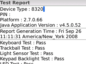 BlackBerry test report screen