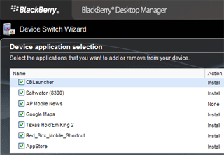 BlackBerry Device Switch Wizard Application Selection Screen