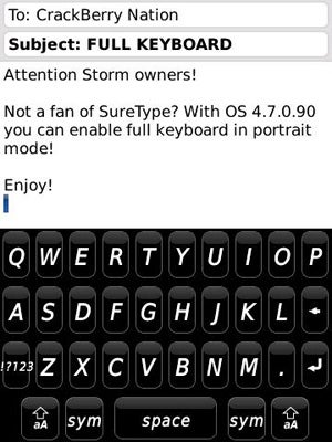 Full QWERTY portrait virtual keyboard on the BlackBerry Storm