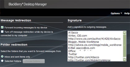 screen shot of BlackBerry Desktop Manager E-Mail Settings page