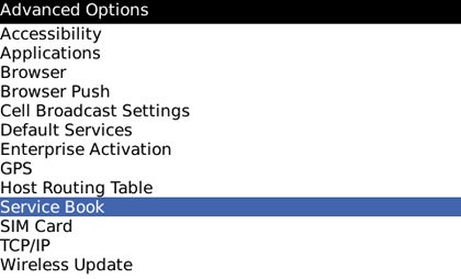 image of BlackBerry Advanced Options Menu