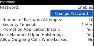 BlackBerry Password Options Screen
