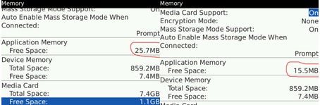 screen shots showing BlackBerry App Memory Before and After App World