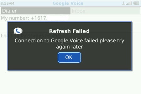 image of Google Voice for BlackBerry Refresh Error Message
