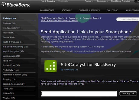 image of RIM's BlackBerry App World in Desktop Browser