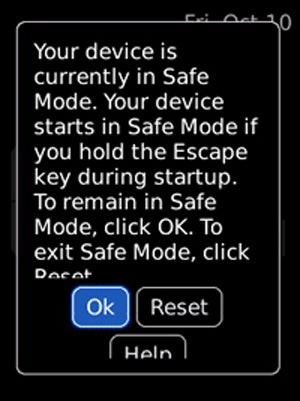 image of BlackBerry Safe Mode Warning Box on Pearl 8220 Flip