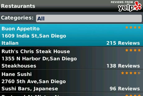 WorldMate Live 3.0 for BlackBerry Yelp Search Results Screen