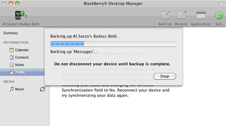 BlackBerry Desktop Manager for Mac Backup in Progress