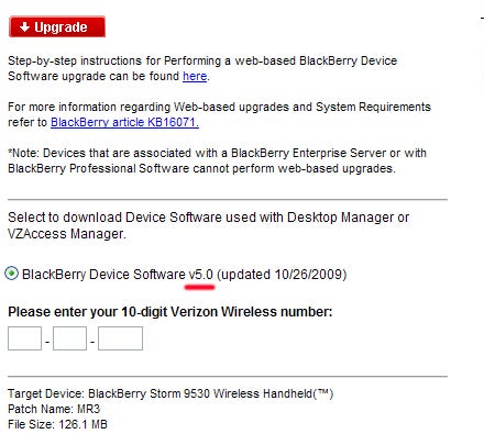 BlackBerry Storm 9530 OS 5.0 Update on Verizon Website