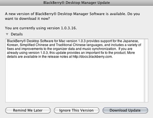 BlackBerry Desktop Manager for Mac v1.0.3.19 Info Box