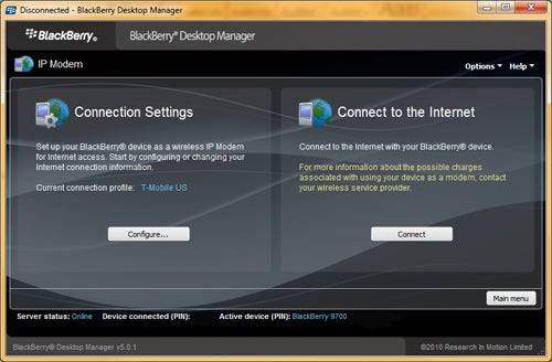 BlackBerry Desktop Manager IP Modem Screen