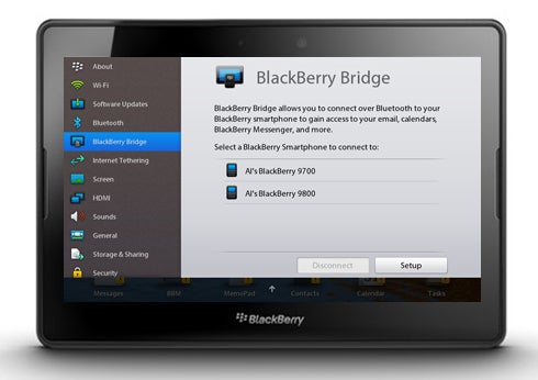 BlackBerry PlayBook with Bridge Options Page
