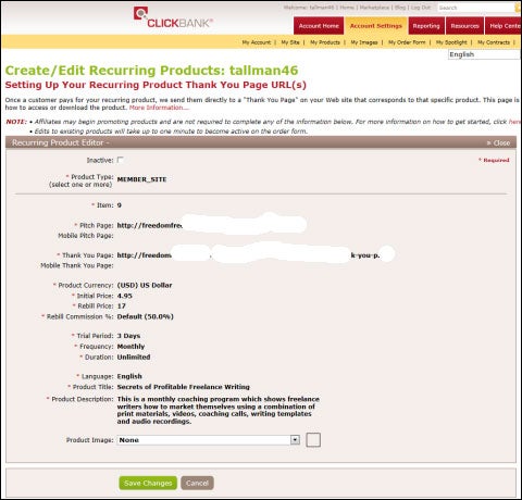 ClickBank Create/Edit Recurring Products Page
