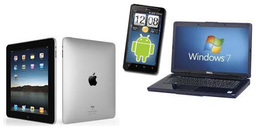 Microsoft Windows 7 laptop, Apple iPad, Google Android smartphone
