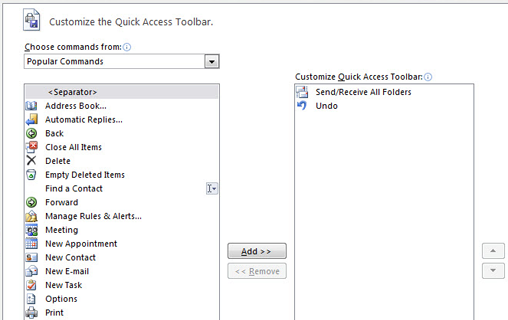 Outlook 2010 customize Quick Access toolbar