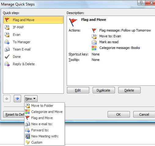 Outlook 2010 Manage Quick Steps