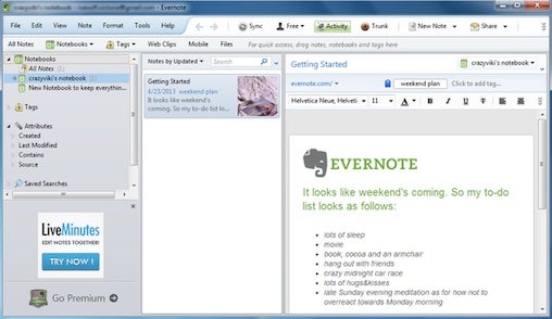 Evernote interface