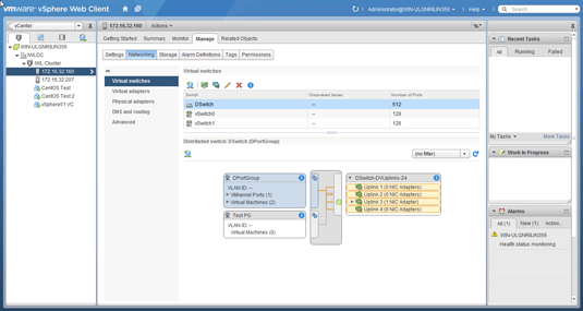 The view of the networking configuration for a single host in the vSphere Web client, showing that we have a distributed switch configured on the host.