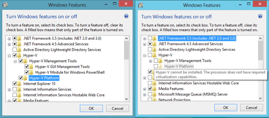 If Client Hyper-V isn't supported on your hardware, you'll be alerted when you attempt to install the components. The system on the left is good to go; the system on the right lacks a compatible CPU.