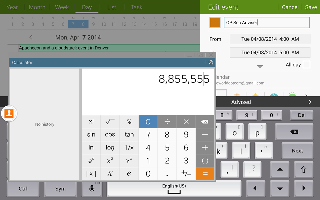 When running with Multi Window enabled, the Note Pro's floating windows can overlap the tapped window. Here, you can see the Calculator app is above the active Calendar app, obscuring the onscreen keyboard.