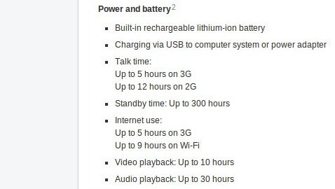 iPhone 3GS battery specifications, per Apple