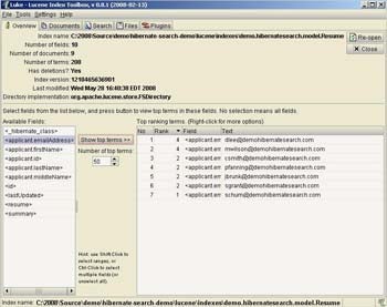 The document structure of the resume index displayed in Luke