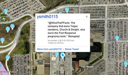 Spoofed location or troll, tweets from NSA area using Bing maps and Twitter app