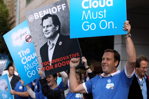 Marc Benioff did a rogue keynote after Oracle CEO Larry Ellison canceled his official one at OpenWorld 2011