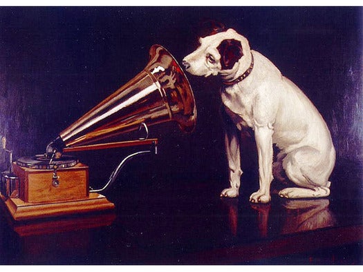 Dog listening to phonograph