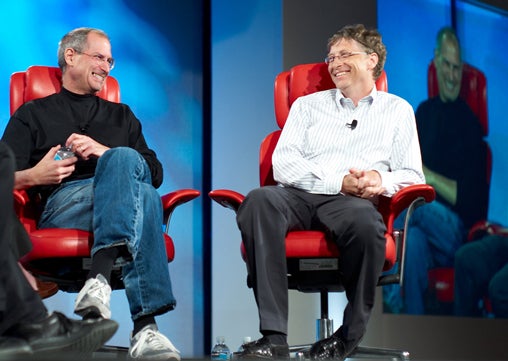 Steve Jobs and Bill Gates share a laugh in 2007